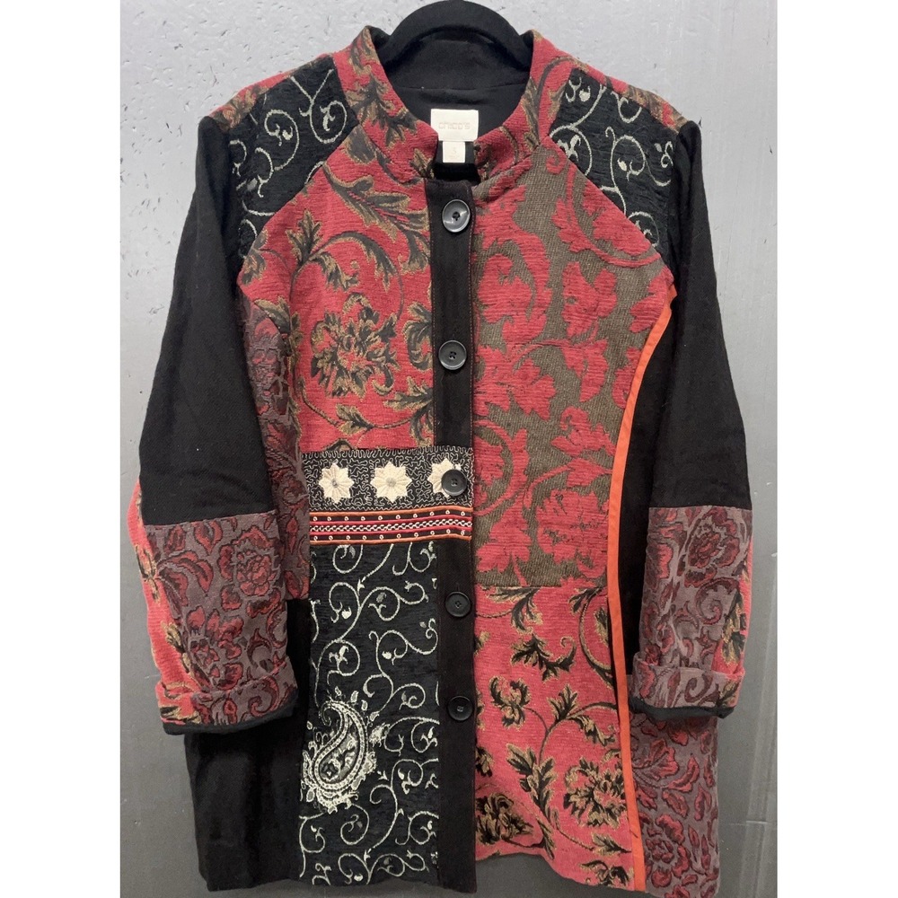 Chicos Jacket Sz 3 Red Black Jacquard Tapestry Patchwork Embroider Artsy Boho